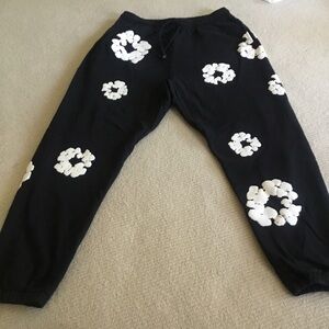 Black Sweatpants with White Floral Ring Prints